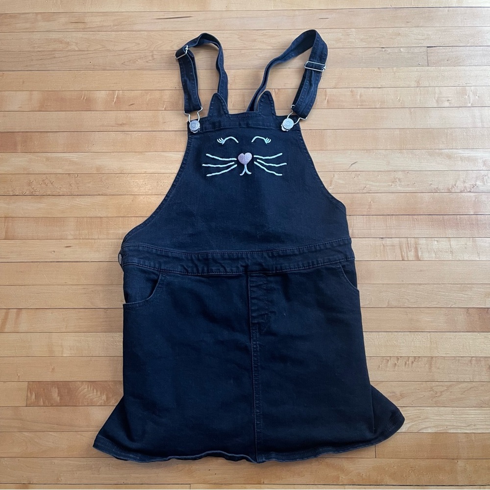 Justice Black Cat Face Denim Overall Dress size 14/16